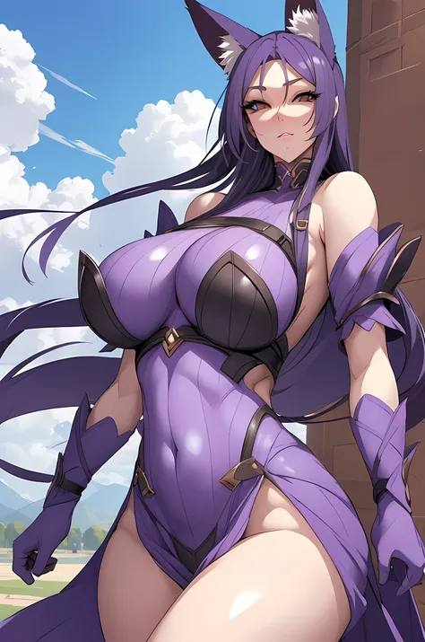 Mature woman, purple hair, huge breasts, 9 fox tails, fox ears, battle outfit