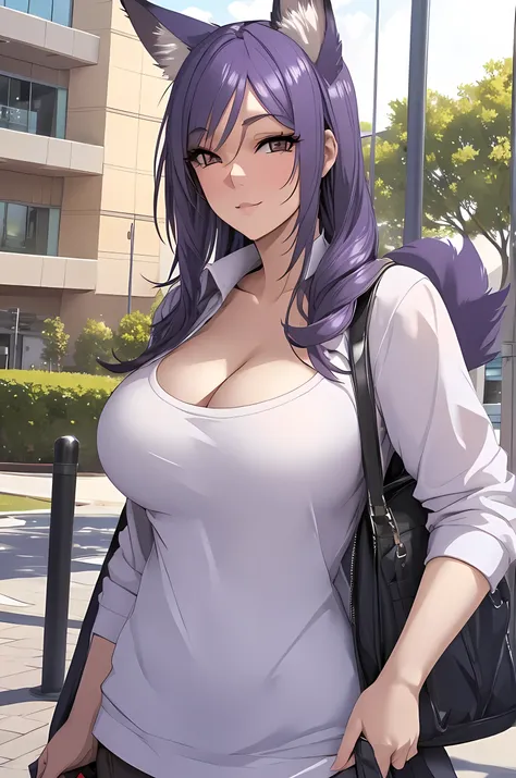 Mature woman, purple hair, huge breasts, 9 fox tails, fox ears, casual outfit, college campus