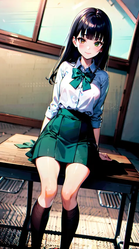 （（super high quality,Ultra-high resolution,4K,8k,super masterpiece,Ultra HD ,Detailed shading））,Full body photo,Morning Classroom,One high school girl,Blue-green blazer,White dress shirt unbuttoned to the second button,A bright yellow striped bow tie,Brown...