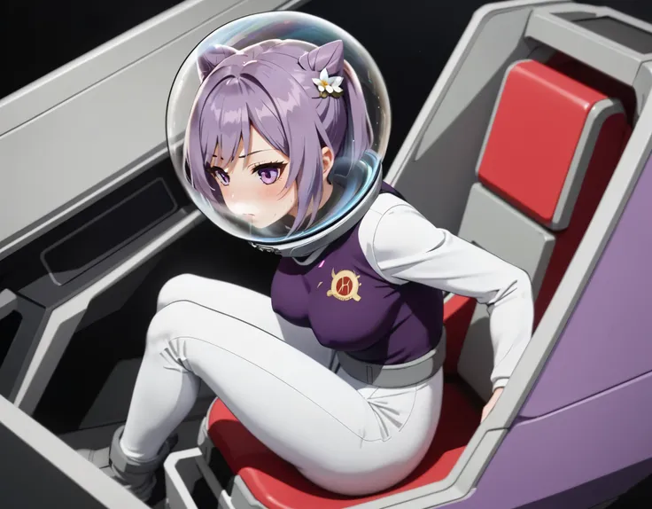 (spacesuit:1.15), white cargo pants,  space helmet , , indoors, masterpiece, best quality, 1girl, solo, short hair, , , trembling, HARD TO BREATH,, , bodysuit, from side, lumine , bubble helmet, short hair,  nside the (cockpit) of a (futuristic spaceship:1...