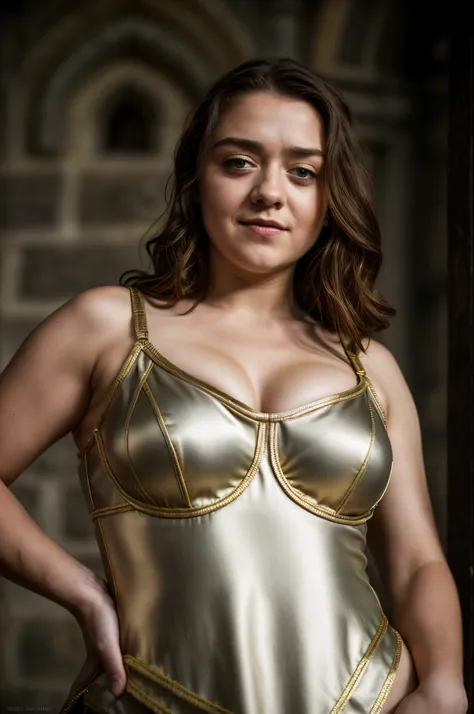 Foto RAW, Arya Stark, stunning beauty, Extremely gorgeous lady, Arya Stark PLAYED BY MAISIE WILLIAMS, Queen Arya Stark, she  a mature woman now, milf, sexy mediaeval battle dress, gladiator woman, body, 40 years old Woman, Roman slave dress, cotton dress, ...