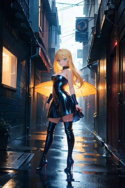 women, 17 years, ((blonde)), ((blue eyes)), smiling, ((translucid strapless short latex dress)), ((high heels boots)), standing, in front of a dark alley, at night, chopped take, wet floor