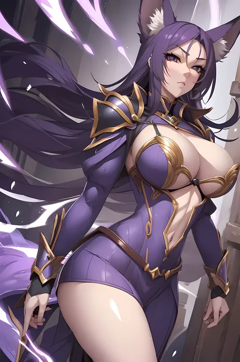 Mature woman, purple hair, huge breasts, 9 fox tails, fox ears, battle outfit, serious expression, mage armor 