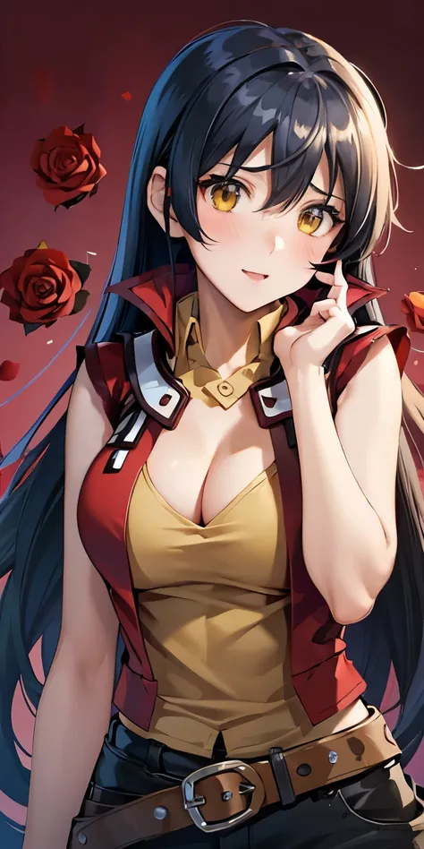 1 Female,High definition,high resolution,Ultra-realistic,8K, hmrei, long hair, black hair,red jacket,yellow eyes, collared shirt, yellow shirt, sleeveless, belt, black shorts,European,sexy,Upper body close-up,Photographed from the front,Dynamic Angles,blus...