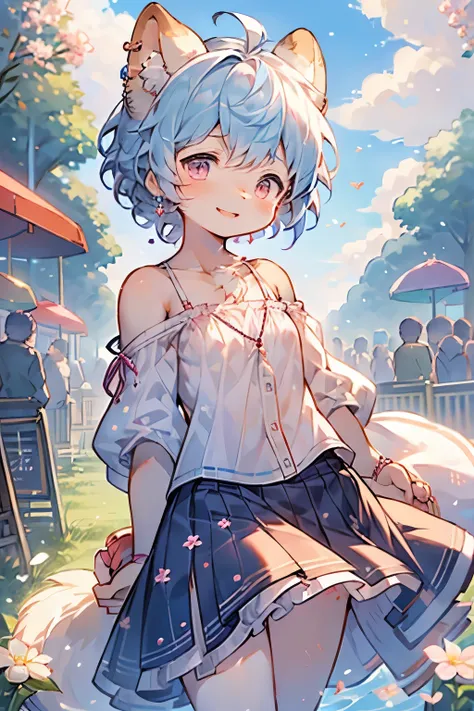 art by Cornflower, Dreamy, cherry_开flower, come down_flower瓣, flower瓣, Branches, pink_flower, 1 Girl,20 years old, blue_Sky, spring_(seasexist), flower瓣_exist_liquid, flower, flower见, skirt, (Lexistg blexistd curly hair：1.5),Wearing a wreexisth,Sky, outdoo...