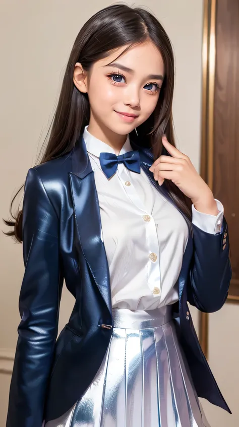 (Very beautiful  cute girl), (very  cute face:1.2),baby face,13 yo, (sparking crystal clear attractive large eyes), Beautiful eyes, Detailed double eyelids, (smiling), (realistic photograph:1.2), long straight hair,white blouse,
(Super Shiny metallic dark ...