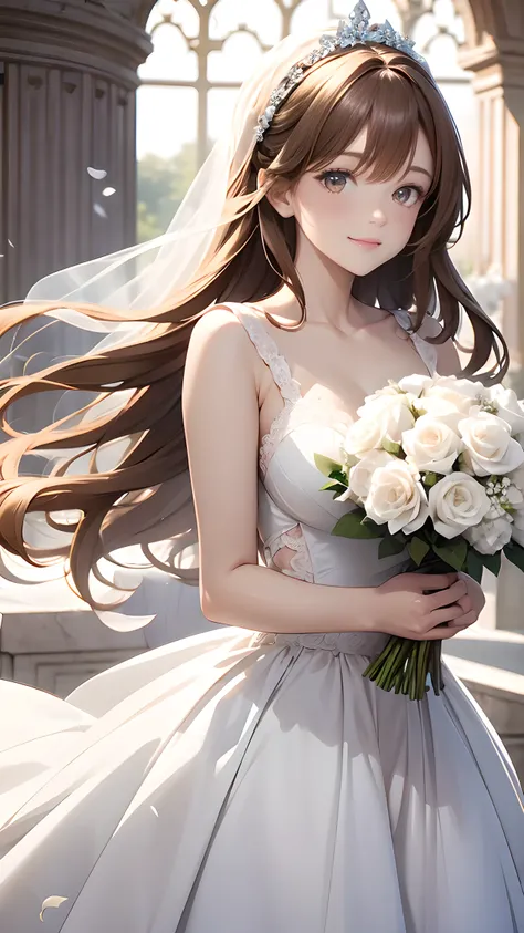 A beautiful woman in a French wedding dress,Long hair light brown color.,smiling with a bouquet of white roses in her hand,