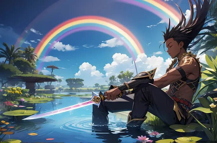 African American male, dark skinned male, long spiky hair, battle outfit, rainbow sword, meditating over a pond, floating, sitting, eyes closed 