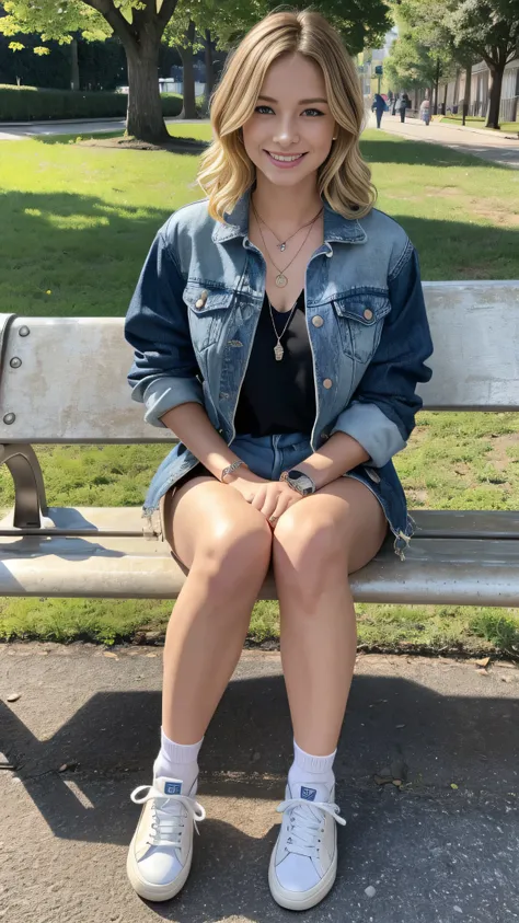 Super Resolution、Clear French woman、Full body photo、sitting on a park bench、Blonde Hair、blue eyes、Short Haircut、Wavy Hair、Ear piercing、、necklace、Denim jacket、shirt、白いジーンズ、sneakers、Im wearing black socks.、smile、Beautiful teeth alignment
