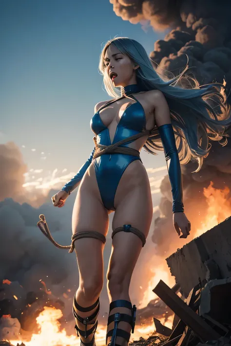 superheroine, long long gorgeous light blue hair, slender body,  ((rough rope wrapped around body, tighten up)), latex, leotard, sky blue and white costume, captured, shibari, static restrained, ((arms behind back)), chained, rope bind, collared, cruelly, ...