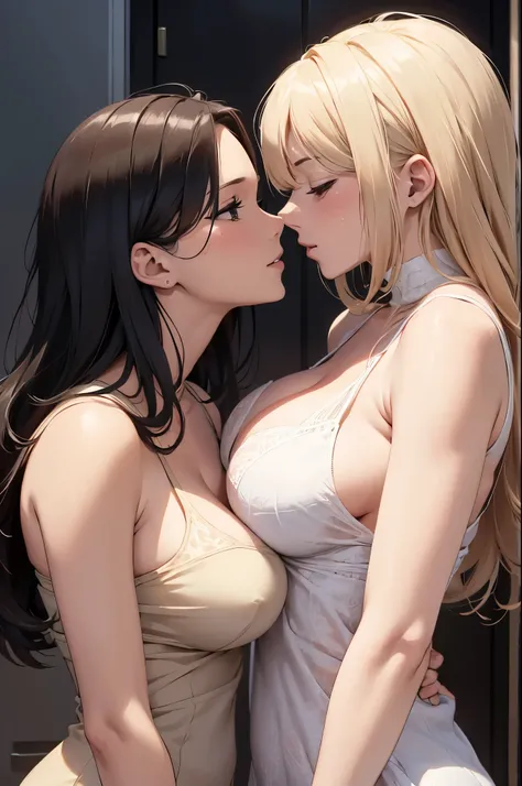 Two beautiful women in Bikins kiss, yuri kiss, both have long wet messy hair, round large breasts with small areolas, (full entire body), (Both bodies are wet) sweat heavily, humid, shinny skin,