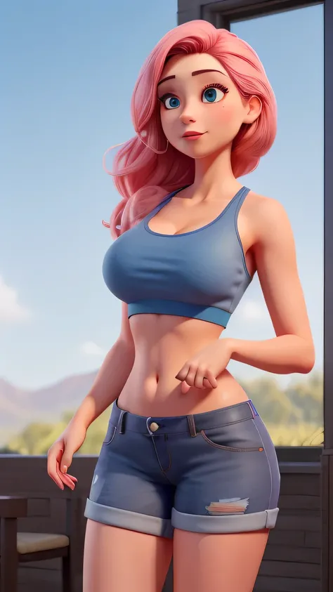 (photorealism:1.2), beautiful woman, large breasts, smaller waist, large hips, in pink crop top, blue shorts