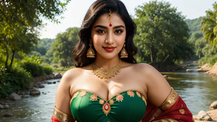 beautiful face cute sexy Pakistani girl, curvy figure, beautiful different colorful covered design strapless bra Banarasi design saree, big huge breast, different hairstyle, bright eyes, thin eyebrows, fair skin, blushing cheeks, head to thigh view, smilin...