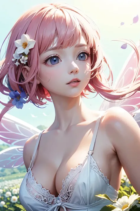 pastel colour、Highest quality、Fairy Girl、Bright and colorful hair、Delicate hair、Highly detailed face、Beautiful cleavage、Whimsical、Perfect lighting、Otherworldly background、flower