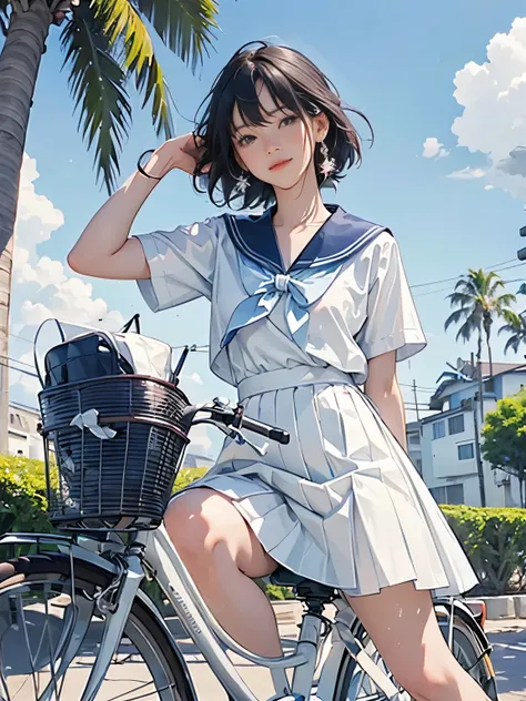 (A  riding a white bicycle)、Small and cute、A white sailor dress with short sleeves、Palm tree, Summer blue sky, (Highest quality, masterpiece, High resolution)、8k、wallpaper、