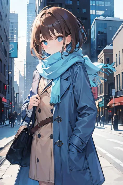 Girl，Brown Hair，short hair，light blue，coat，Scarf