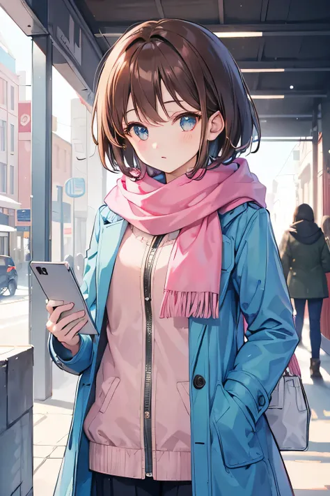 Girl，Brown Hair，short hair，light blue，coat，Pink scarf