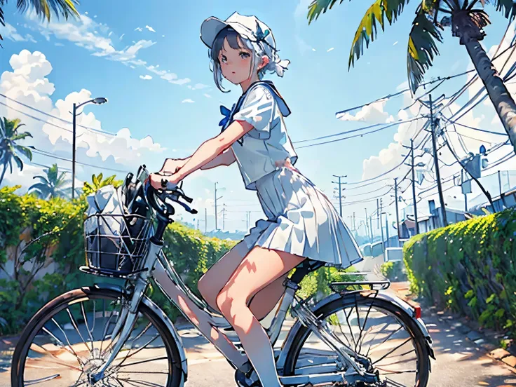 (A  riding a white bicycle)、Small and cute、A white sailor dress with short sleeves、Palm tree, Summer blue sky, (Highest quality, masterpiece, High resolution)、8k、wallpaper、