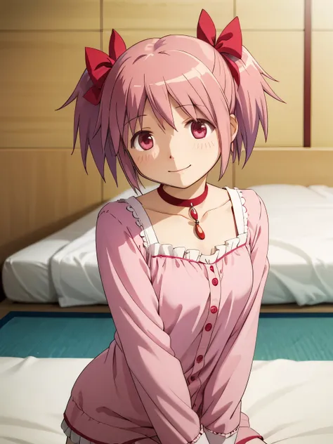 One person, alone, masterpiece, Highest quality,whole body
 mahou shoujo madoka magica, Madoka Kaname, Madoka Kaname, Pink Eyes, puppet, Pink Hair, short hair, Twin tails, short Twin tails, Hair Ribbon, Red ribbon, Magical girl, choker, whole body, Front v...