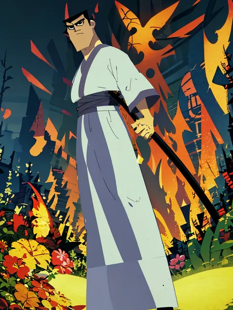 samurai jack,standing,holds a katana in his right hand,poised