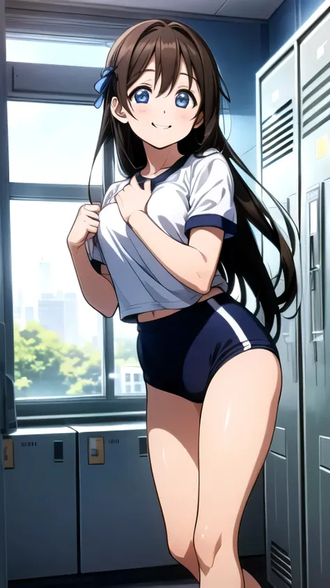 (Highest quality, masterpiece:1.2), (One person, One personで:1.2), cute, smile,  Embarrassing、blush、locker room, (View your viewers, One personで focus:1.2)、Long Hair, Hair Ribbon, blue eyes, Straight black hair, White gym clothes、Navy blue bloomers、Big Bre...