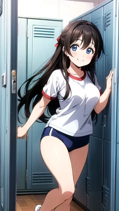 (Highest quality, masterpiece:1.2), (One person, One personで:1.2), cute, smile,  Embarrassing、blush、locker room, (View your viewers, One personで focus:1.2)、Long Hair, Hair Ribbon, blue eyes, Straight black hair, White gym clothes、Navy blue bloomers、Big Bre...