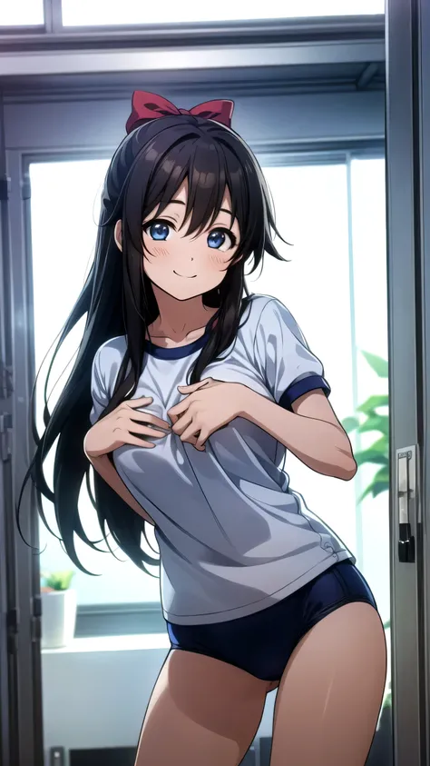 (Highest quality, masterpiece:1.2), (One person, One personで:1.2), cute, smile,  Embarrassing、blush、locker room, (View your viewers, One personで focus:1.2)、Long Hair, Hair Ribbon, blue eyes, Straight black hair, dynamic、White gym clothes、Navy blue bloomers...