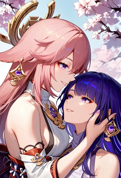 score_9, score_8_up, score_7_up,source_anime, high res image,masterpiece,best quality,2girl,cute face,clear skin,yae_miko_genshin,raiden_shogun_genshin,smile,looking each other,