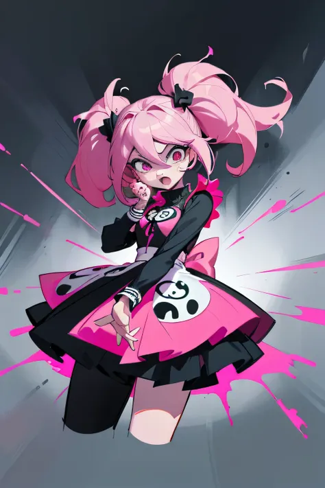 anime girl with pink hair and black top and black pants, 1 7 - year - old anime goth girl,  in dress, junko enoshima, anime styl...