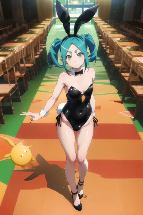 (ononoki yotsugi),One girl, View your viewers,
(fake rabbit ears), (black Playboy Bunny), (barefoot: 1.3), (black high-heels: 1.3)
Aqua Hair, short hair, Green Eyes, Twin tails, Thick eyebrows, 
casino, Cowboy Shot, standing
standing, Place your arms betwe...