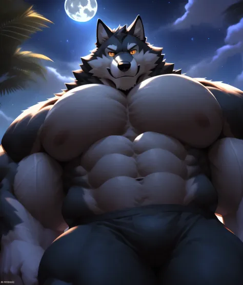 PRO competitive bodybuilder, nj5furry, (Black Wolf, massive, huge, muscular, Gigachad), black wolf, YOUNG FACE, TEEN, ((extremely realistic shadows, masterpiece, extremely detailed, photorealistic)), kemono, looking at the viewer, ((FRONT)), murderous look...