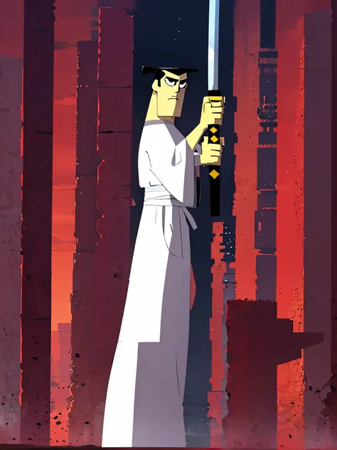 samurai jack,standing,holds a katana in his right hand,poised