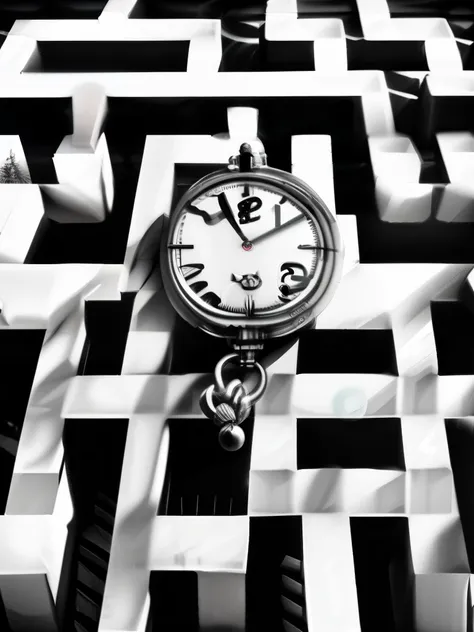 Jacques Tati has a pocket watch with a white rabbit in a white maze, Ultra-realistic, Leica monochrome style, Chema Madoz style, Surreal