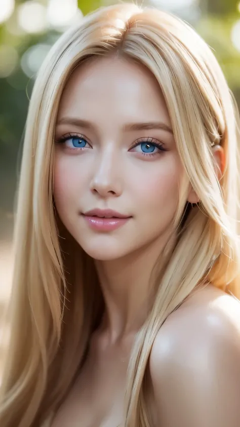 beautiful blonde woman, flowing golden hair, captivating blue eyes, delicate features, radiant smile, natural makeup, elegant attire, gentle expression, subtle blush, warm skin tones, ethereal lighting, soft shadows, high-resolution digital painting, reali...