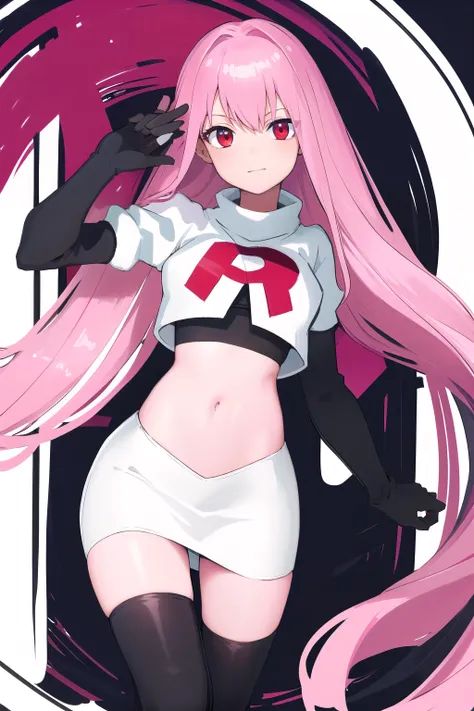 Masterpiece, Detailed, High quality, (absurdist), High Sharpness, High resolution, maiddoll, 1girls, Solo, pink hair, cracked skin,team rocket,team rocket uniform,white skirt,red letter R,crop top,black thigh-highs,black elbow gloves