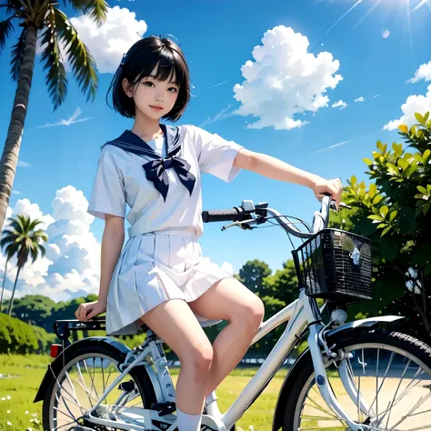 (a 15-year-old japanese girl riding a white bicycle)、small and cute、a white sailor dress with short sleeves、hair color is black、...