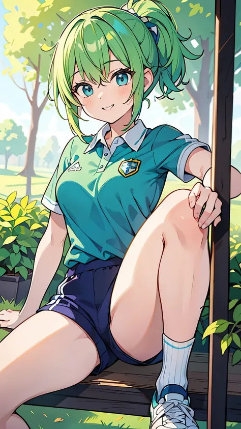 
((A Pretty girl with green hair and blue eyes sitting and stretching)), ((wearing the sport uniform and short pants)), Baby face, ((top-quality, master piece, ultra-definition, high resolution)), anime girl, ((ultra-detailed illust:1.2)), only one person,...