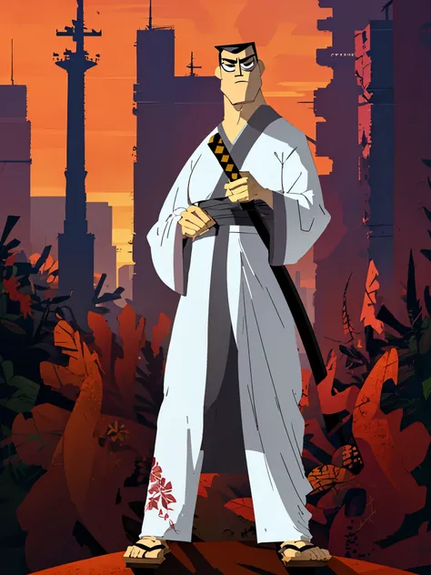 samurai jack,standing,holds a katana in his right hand,poised