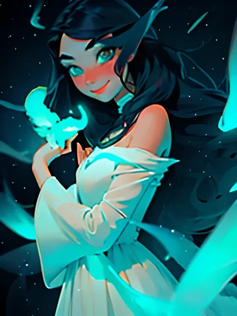 masterpiece, best quality, julia fe,  1girl, solo, long hair, looking at viewer, blush, smile, negative space, (bioluminescence:1.2), darkness, dark background, long sleeves, dress, bare shoulders, medium breasts, very long hair, wide sleeves, cape, white ...