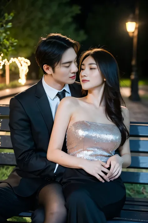 intimate and high-quality photos of (couple:1.2), sit on (bench:1.1), (enchanting light:1.1), sexy, passionate, exquisitely deta...