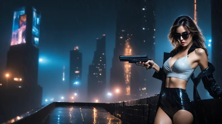 (Hyper-realistic photograph:1.4), Captivating scene under the rain at night on a rooftop, a sexy slim woman, large breast cleavage, with short brown hair, three-quarters view, Black trench coat, (black sunglasses, holding a short gun), with a dark rainy ci...