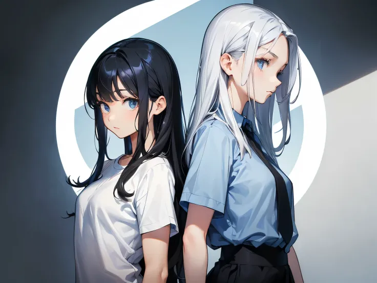 1 woman (silver hair, blue shirt), 1 woman (black hair, long hair, waves, white shirt), upper body composition, horizontal angle, no background, 2 people back to back (woman and woman), serious expressiveness, highest quality, masterpiece