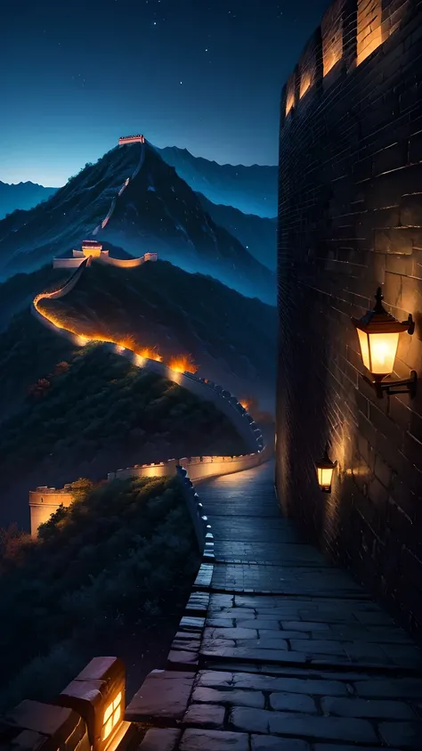 The Great Wall at night，The lights surround the area.