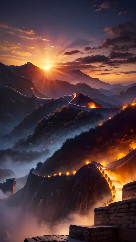 The Great Wall at night，The city is brightly lit.，Like a dragon，Crowded，The lights surround the area.，Sunset，quality，8k，Exquisite。