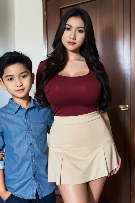 portrait of a big indonesian lady in ruffled mini skirt, standing with one  (1 boy), indian girl has big breasts, boy grabbing t...