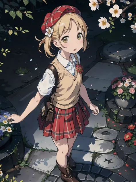 (solo:1.5)、cute、daily、White Shirt、Sweater vest、skirt(Plaid:1.2)、Red Beret、short boots、Leather shoulder bag、Flower Hair Ornaments、on the cobblestone、flower bed