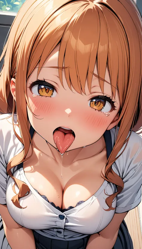 (1girl, jinno megumi, eromanga sensei), beautiful detailed eyes, yellow eyes, half-closed eyes, (tareme),((opened big mouth), licking, Sticky tongue), nsfw, (close-up mouth), (curvy, Slender),(cleavage), from above, Highest quality, Super detailed, masterp...