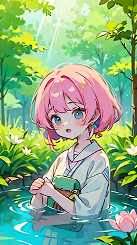 (high quality) (best quality) (a woman) (correct physiognomy) A youthful woman with pink hair, big blue eyes, white skin, with a calm expression, surrounded by green plants and tulip flowers in a pond in the middle of the forest, butterflies flying around....