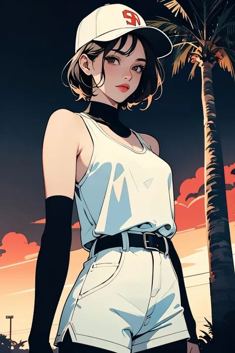 ,8ก,Wallpaper, Macro Focus, Beautiful cyborg woman in a spider suit,white dress, Gold and black edges, Retro Peacock Symbol,tank top,Jumpsuit Shorts,short hair,sexy,Seductive,charming,Big breasts,Miami Baseball Cap, sunset, ferrari, palm tree, The 90s, (fl...