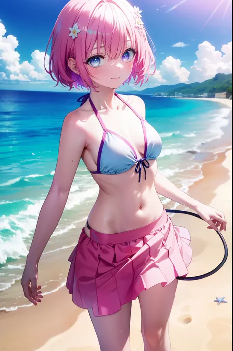 Momodebilke, Deviluke Type, demon tail, Hair Flower, hair ornaments, (Purple eyes:1.1), Pink Hair, short hair, tail, smile,
break demon tail, Pink leisure bikini,Pareo Swimsuit,barefoot,Belly button,A thin long skirt is wrapped around her waist,Strolling o...